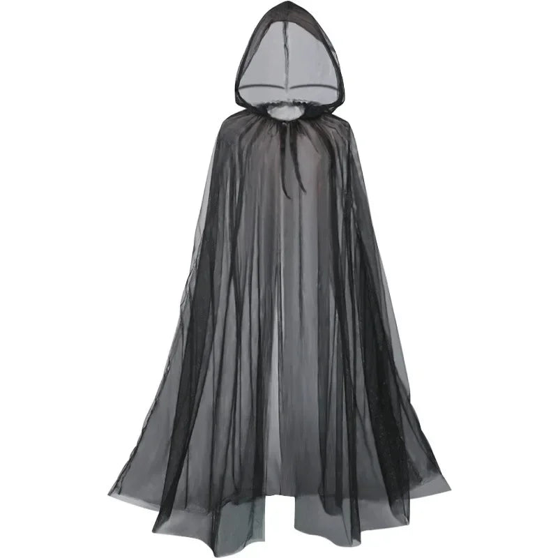Women’s Mesh Gauze Poncho Cape – Elegant Hooded Costume for Halloween & Stage Performances