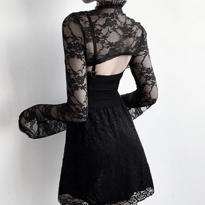 Punk Lace Sheer Mesh Bolero – Goth Crop Top Shrug with Lace Collar for Women