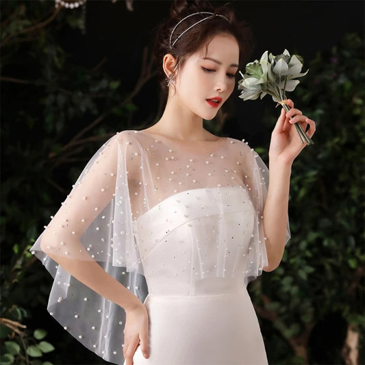 Sheer Tulle Pleated Wedding Shawl – Pearl & Rhinestone Capelet Bolero Wrap