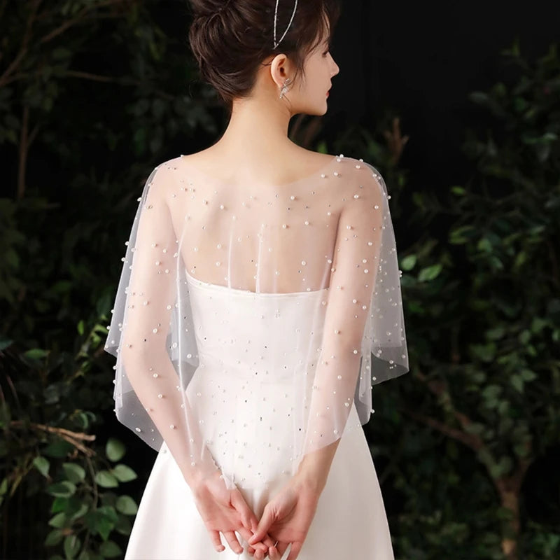 Sheer Tulle Pleated Wedding Shawl – Pearl & Rhinestone Capelet Bolero Wrap