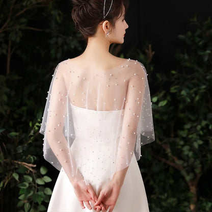 Sheer Tulle Pleated Wedding Shawl – Pearl & Rhinestone Capelet Bolero Wrap
