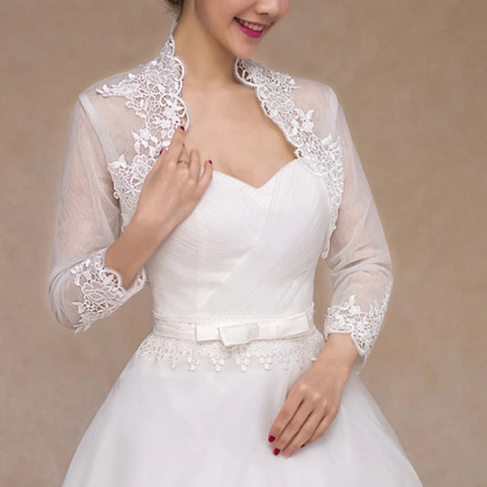 3/4 Sleeve Bridal Cape Jacket – Floral Lace Trim Wedding Shrug Bolero Wrap