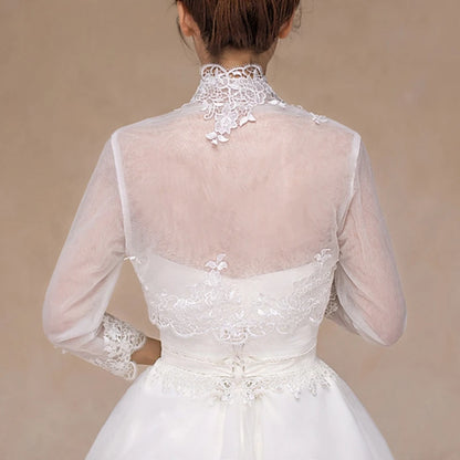 3/4 Sleeve Bridal Cape Jacket – Floral Lace Trim Wedding Shrug Bolero Wrap