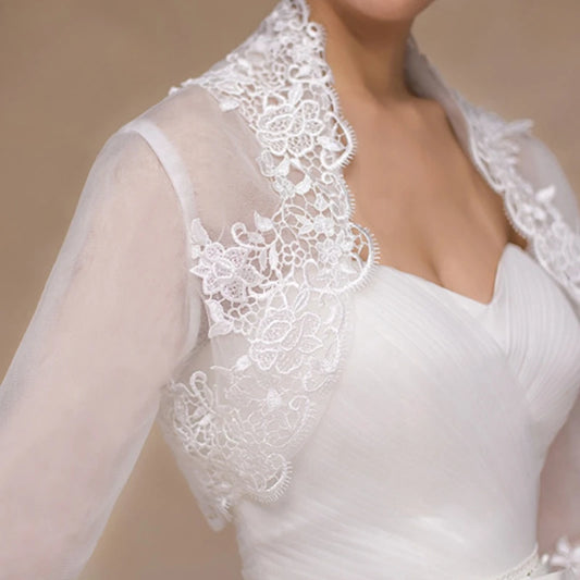 3/4 Sleeve Bridal Cape Jacket – Floral Lace Trim Wedding Shrug Bolero Wrap