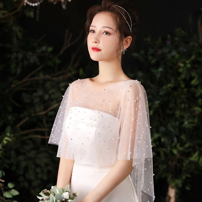Sheer Tulle Pleated Wedding Shawl – Pearl & Rhinestone Capelet Bolero Wrap