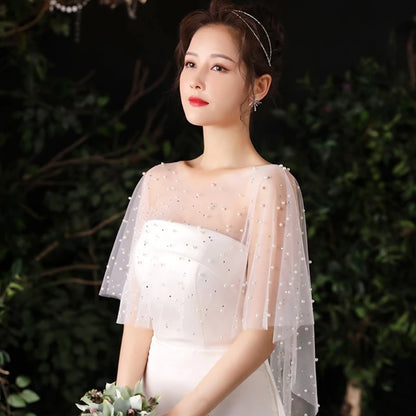 Sheer Tulle Pleated Wedding Shawl – Pearl & Rhinestone Capelet Bolero Wrap
