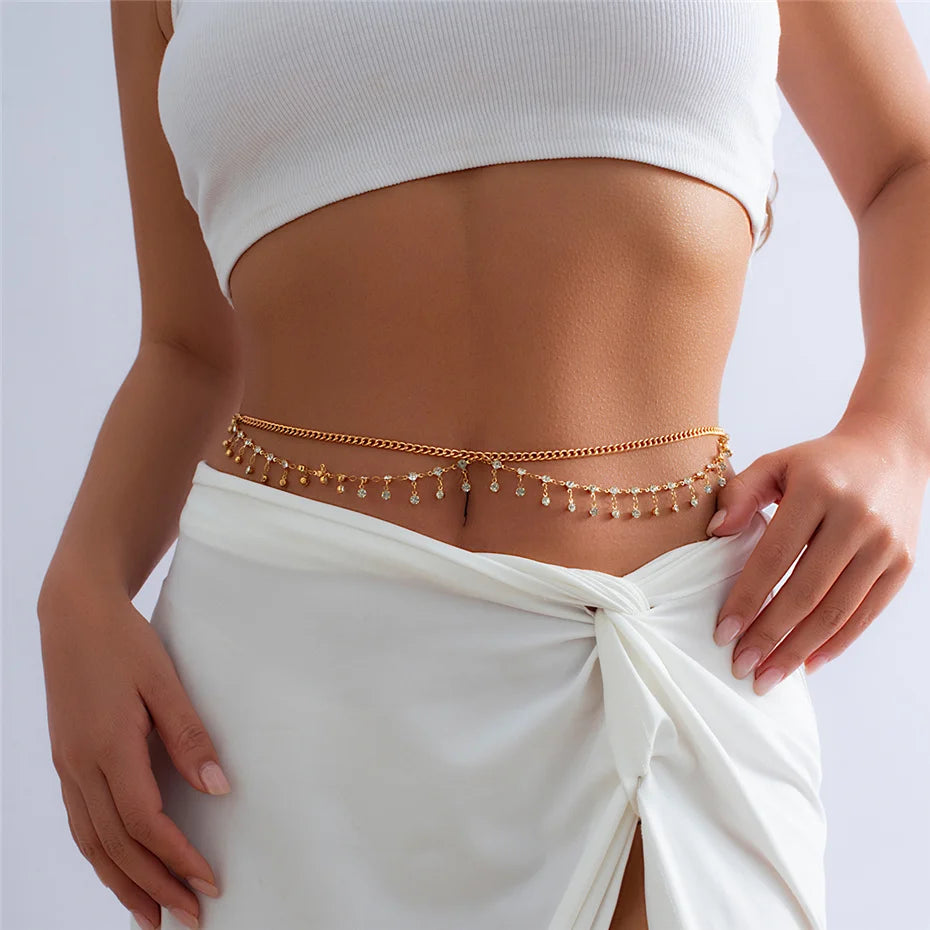 Rhinestone Star Tassel Belly Chain – Y2K Bikini & Rave Body Jewelry for Women