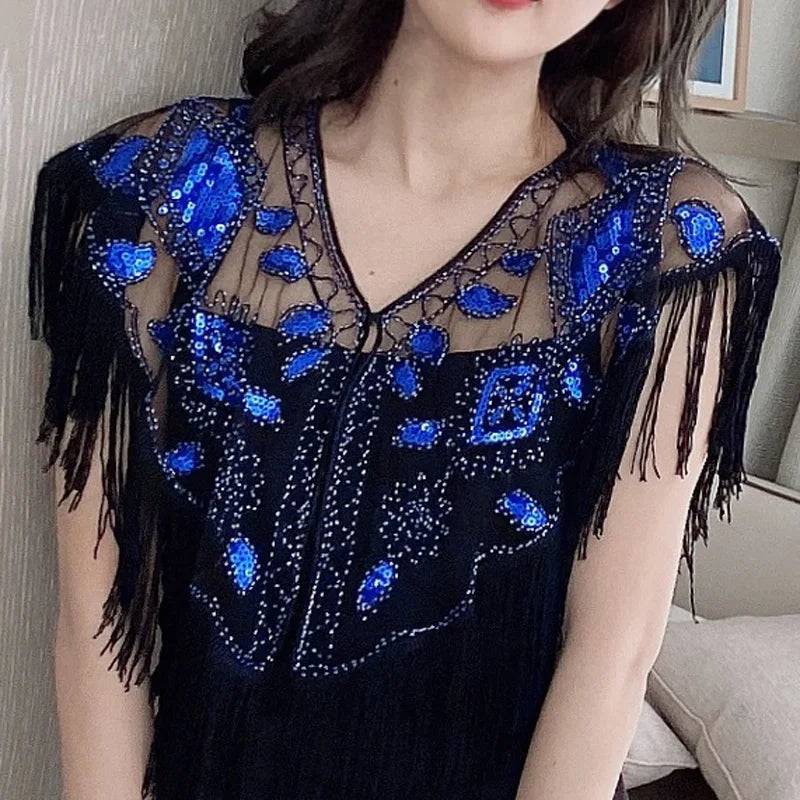 Vintage Sequin Fringe Capelet – Beaded Shawl Wrap for Women Party & Dinner
