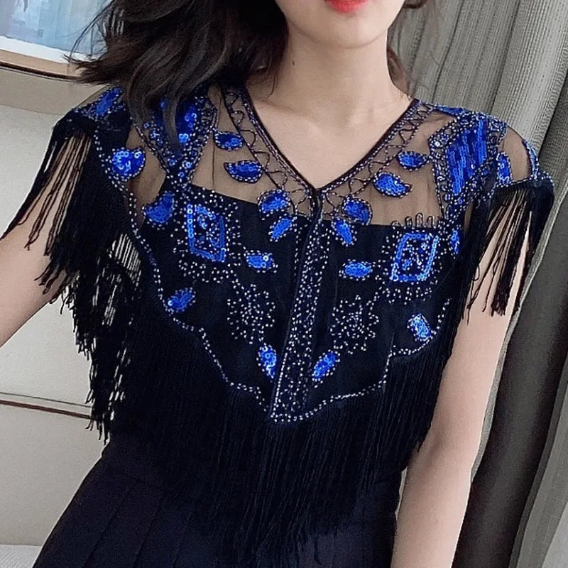 Vintage Sequin Fringe Capelet – Beaded Shawl Wrap for Women Party & Dinner