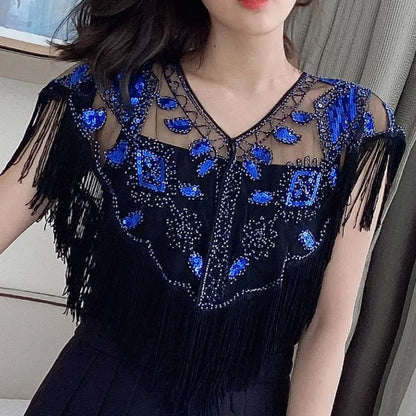 Vintage Sequin Fringe Capelet – Beaded Shawl Wrap for Women Party & Dinner