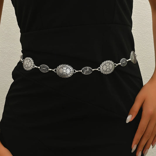 Vintage Oval Carved Waist Chain – Retro Gold Belt Jewelry for Women