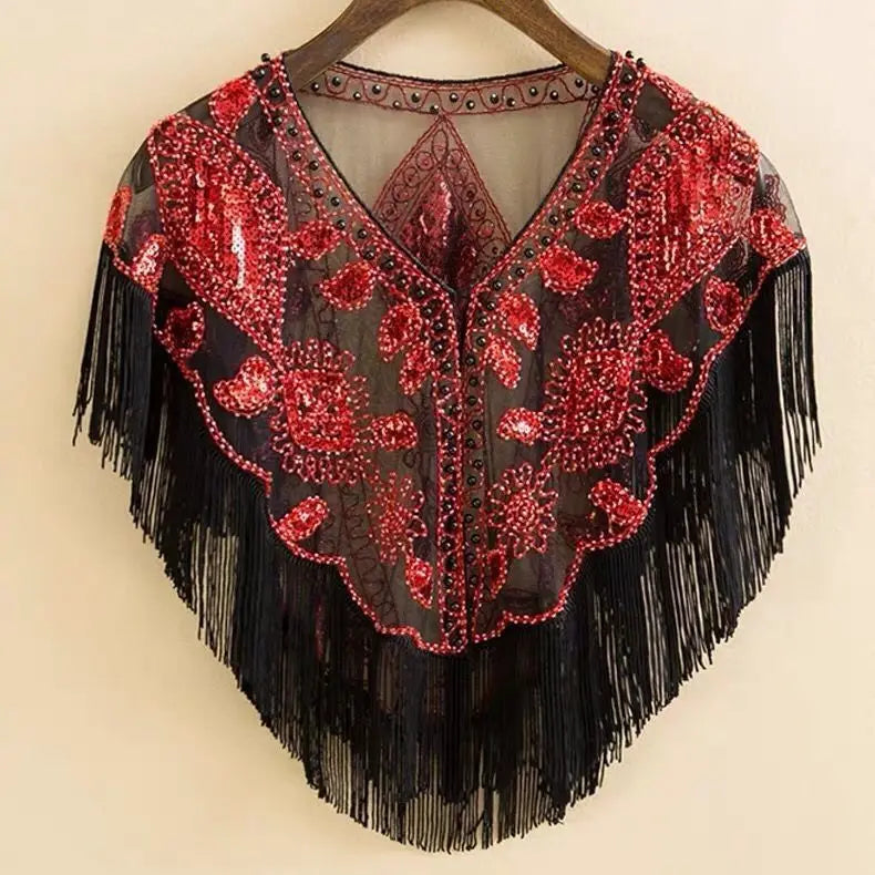 Vintage Sequin Fringe Capelet – Beaded Shawl Wrap for Women Party & Dinner