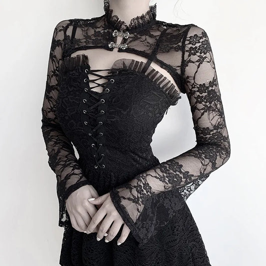 Punk Lace Sheer Mesh Bolero – Goth Crop Top Shrug with Lace Collar for Women