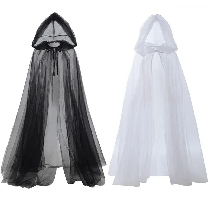 Women’s Mesh Gauze Poncho Cape – Elegant Hooded Costume for Halloween & Stage Performances