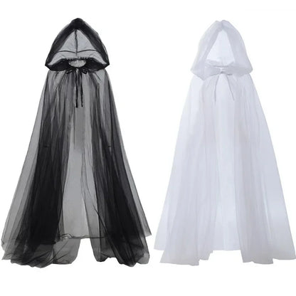 Women’s Mesh Gauze Poncho Cape – Elegant Hooded Costume for Halloween & Stage Performances