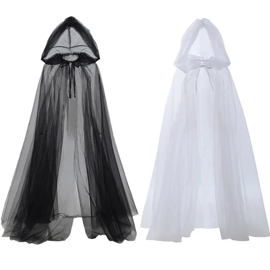 Women’s Mesh Gauze Poncho Cape – Elegant Hooded Costume for Halloween & Stage Performances