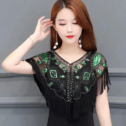 Vintage Sequin Fringe Capelet – Beaded Shawl Wrap for Women Party & Dinner