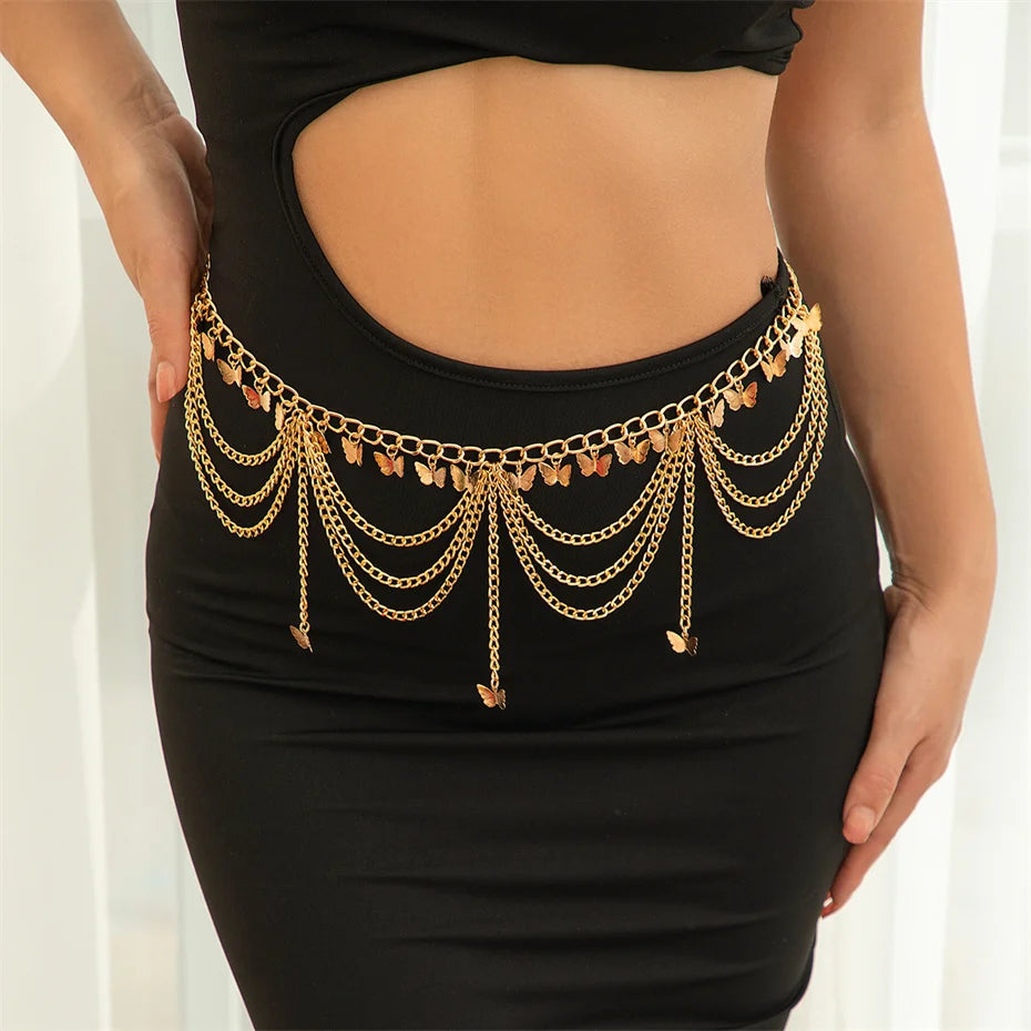 Multilayer Butterfly & Heart Pendant Waist Chain for Women – Summer Bikini & Body Jewelry