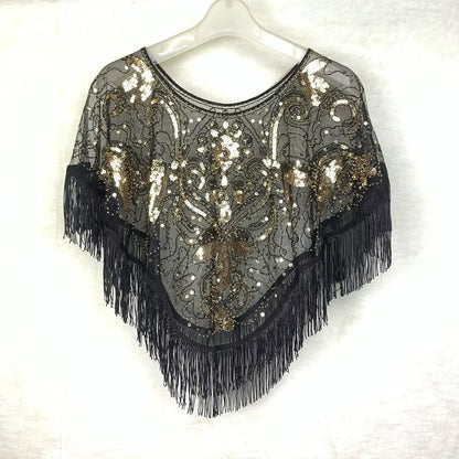 Vintage Sequin Fringe Capelet – Beaded Shawl Wrap for Women Party & Dinner