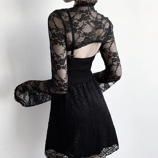 Punk Lace Sheer Mesh Bolero – Goth Crop Top Shrug with Lace Collar for Women