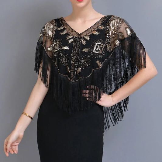 Vintage Sequin Fringe Capelet – Beaded Shawl Wrap for Women Party & Dinner