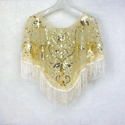 Vintage Sequin Fringe Capelet – Beaded Shawl Wrap for Women Party & Dinner