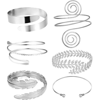 6-Piece Adjustable Upper Arm Bracelet Set – Silver & Gold Bangles for Women