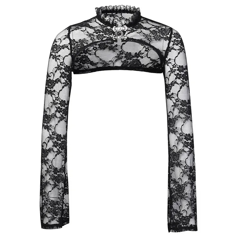 Punk Lace Sheer Mesh Bolero – Goth Crop Top Shrug with Lace Collar for Women