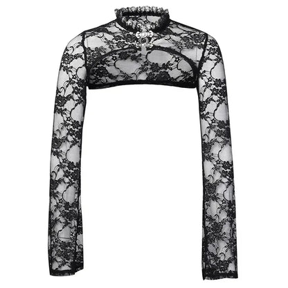 Punk Lace Sheer Mesh Bolero – Goth Crop Top Shrug with Lace Collar for Women