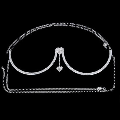 Heart Rhinestone Bra Chain – Sexy Bikini Halter Chest Jewelry for Women