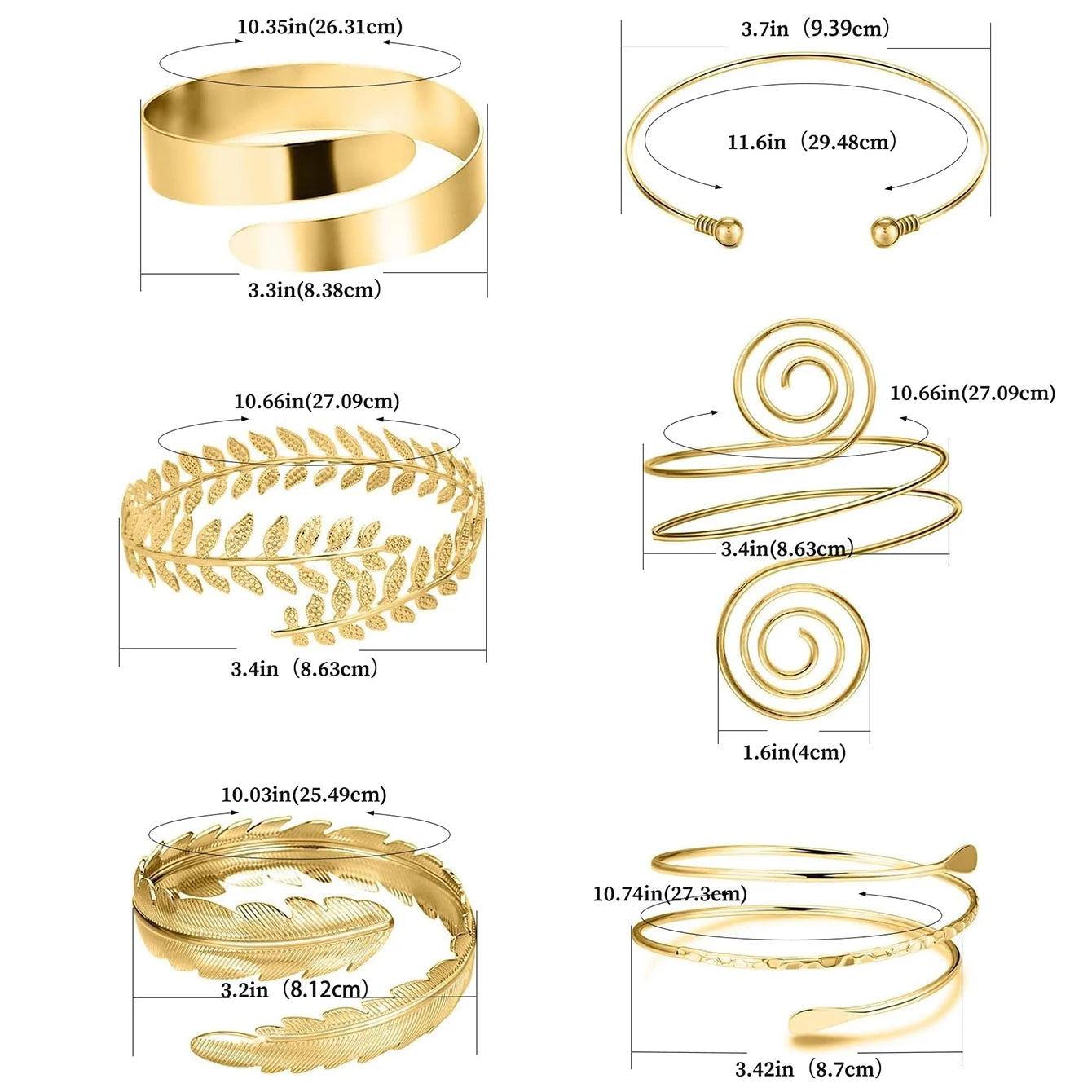 6-Piece Adjustable Upper Arm Bracelet Set – Silver & Gold Bangles for Women