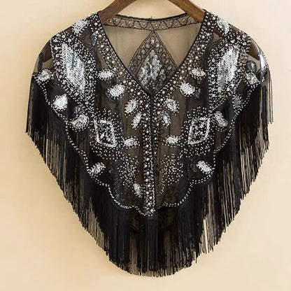 Vintage Sequin Fringe Capelet – Beaded Shawl Wrap for Women Party & Dinner