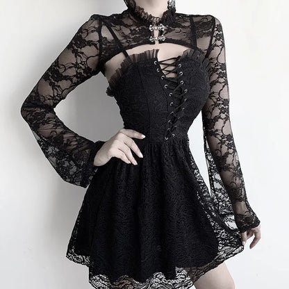 Punk Lace Sheer Mesh Bolero – Goth Crop Top Shrug with Lace Collar for Women