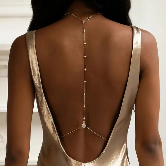 Pearl Crystal Bridal Back Chain – Elegant Wedding Dress Body Jewelry